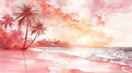 Aufkleber - A painting of a beach with a sunset in the background. The sky is pink and orange, and the water is calm. The painting evokes a sense of relaxation and tranquility