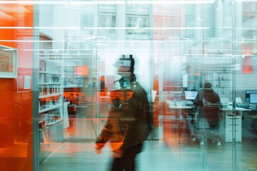 Aufkleber - A blurry image of a man walking through a glass office building. The man is wearing a backpack and he is in a hurry. The office building is filled with people working at their desks