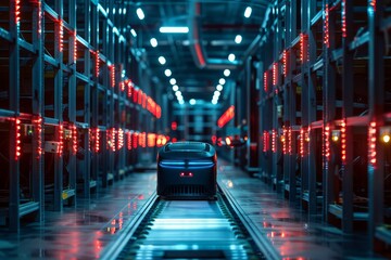 Poster - A futuristic train car is traveling down a track in a large, brightly lit room. The train is surrounded by a series of shelves and racks, and the room is filled with bright lights and neon colors