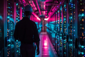 Poster - A man wearing a hard hat walks through a brightly lit room with neon lights. The room is filled with rows of computer servers, and the man is working on one of them. Scene is industrial and futuristic