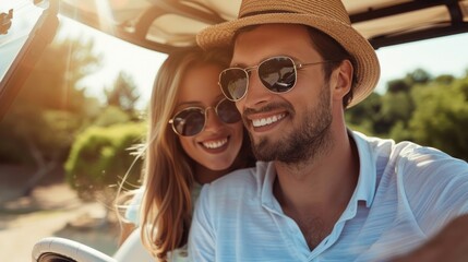 Cruising together. Young attractive couple in their golf cart