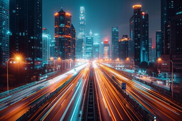 Poster - A city street at night with a lot of traffic and lights. The lights are bright and colorful, creating a lively and energetic atmosphere. The city is bustling with activity. The scene is dynamic