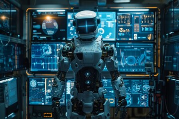Poster - A robot is standing in front of a computer monitor with a blue screen. The robot is wearing a white helmet and has a blue face. The robot is surrounded by several computer monitors