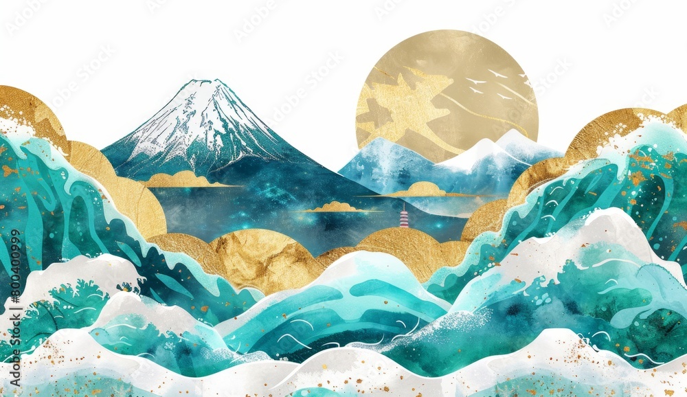 Japanese waves and Mount Fuji, with a gold foil texture, in blue, green ...