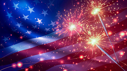 Wall Mural - Abstract background, banner. Sparklers are lit against the background of the American national flag. Bright lights and bokeh spots. The concept of celebrating U.S. Independence Day on July 4th.