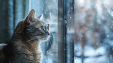 Sad Cat Looking In Window Rainy Weather