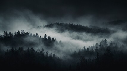 Dark foggy ominous spooky scary landscape with mountains and pine trees forest black background