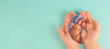 Heart attack, Myocarditis disease, inflammation of the muscle, thrombosis and cardiac stress, hands holding human organ