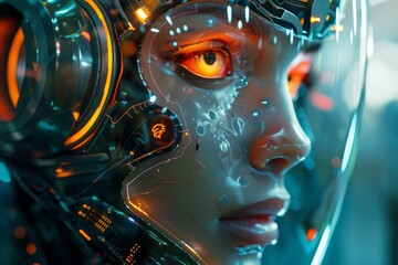 Poster - A woman with a face made of metal and glowing eyes. The woman is wearing a helmet and has a futuristic look