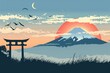 Silhouette of Mount Fuji with cranes and torii gate in the background