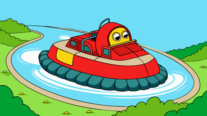 Wall Mural - A bright red quadengine hovercraft navigates a winding river its powerful motors propelling it through narrow channels and shallow waterways. Despite. Cartoon Vector.