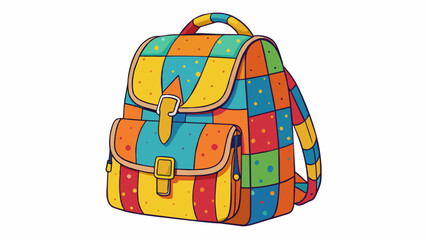 Aufkleber - A brightly patterned backpack made of lightweight canvas material featuring a drawstring closure and leather accents. It is perfect for carrying. Cartoon Vector.