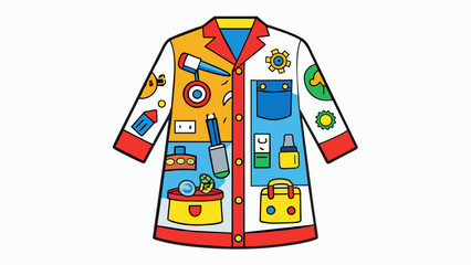 Fototapete - A brightly colored lab coat adorned with patches of favorite toy brands and characters. The pockets are filled with small tools like screwdrivers and. Cartoon Vector.
