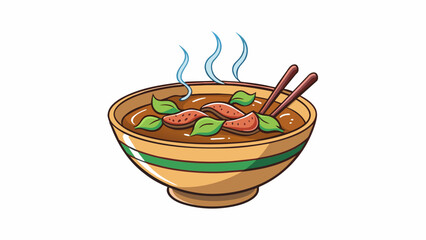 Aufkleber - A bowl of steaming hot pho filled with thin slices of beef and fragrant herbs. The beef is thinly sliced and lightly cooked in the hot broth making it. Cartoon Vector.