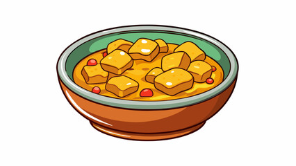 Poster - A bowl of tempeh curry made from chunks of tempeh that have soaked up the fragrant es and coconut milk has a tender crumbly texture and a warm earthy. Cartoon Vector.