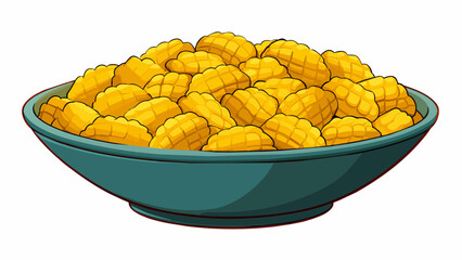Aufkleber - A bowl filled with puffed golden rectangles that have a honeycomb pattern. The rectangles are light and airy with a sweet honey flavor that lingers on. Cartoon Vector.