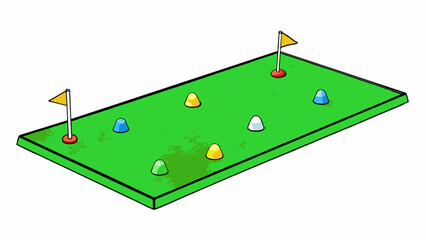 Poster - A bright green mat p on an artificial turf surface providing a consistent and level surface for tee shots. A line of colored cones serves as a guide. Cartoon Vector.