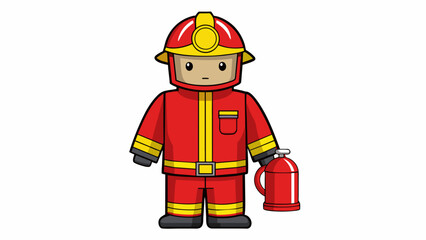 Sticker - A bright red firefighter uniform complete with a yellow helmet and a mini fire extinguisher perfect for tackling pretend fires. The uniform is made of. Cartoon Vector.