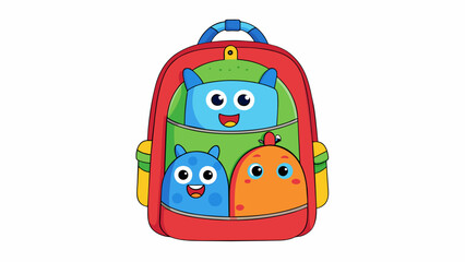 Aufkleber - A brightly colored backpack with cartoon characters printed all over it. It has a single main compartment and two smaller side pockets perfect for a. Cartoon Vector.