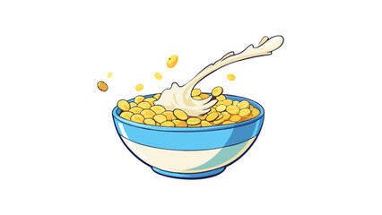 Poster - A bowl of cereal with a generous pour of milk making the flakes appear to float and dance in the creamy white liquid. The milk has a hint of sweetness. Cartoon Vector.