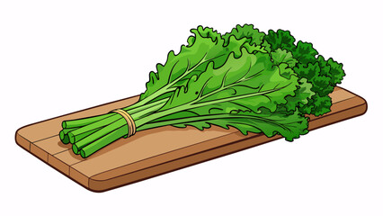 Sticker - a bundle of leafy green curly kale sits on a ting board ready to be washed and chopped for a nutriti