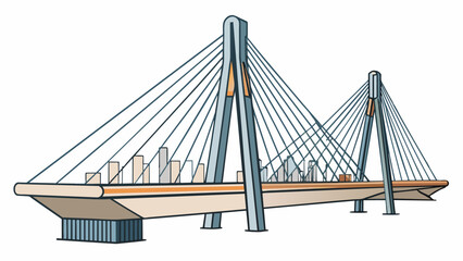 Poster - A cablestayed bridge with two towering support pillars and thick metal cables stretching across the sky. The deck is made of sleek concrete and lined. Cartoon Vector.