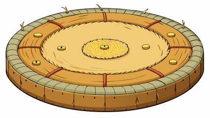 Fototapete - A circular board made of sisal fibers with metal wires forming sections and numbers etched onto the surface. The center is marked by a small ring and. Cartoon Vector.