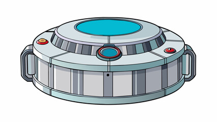 Fototapete - A circular metallic device with a flat top and a thick sy base. The top has a small eyeshaped lens and the base has multiple palmshaped grooves for. Cartoon Vector.