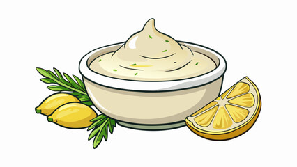 Fototapete - A chunky white dip infused with garlic dill and lemon juice perfect for topping off grilled meats and veggies.  on white background . Cartoon Vector.