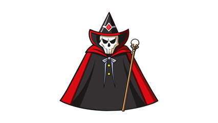 Aufkleber - A classic black cape with a crimson red lining paired with a pointy witch hat and a wand with a skullshaped handle. The costume has a dark and. Cartoon Vector.