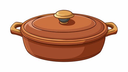 Poster - A clay pot with a glazed interior and a heavy cast iron lid. The pot is squat and wide with thick walls to retain heat. The lid has a raised lip all. Cartoon Vector.