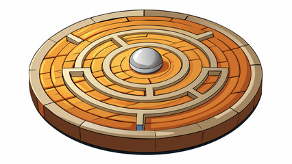 Wall Mural - A circular wooden board with a mazelike pattern etched onto its surface and a small metal ball inside. The board is smooth and polished with intricate. Cartoon Vector.