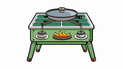 Fototapete - A classic camping stove with a cast iron cooking surface and multiple burners. It has a large cooking area and sy legs to keep it stable on uneven. Cartoon Vector.