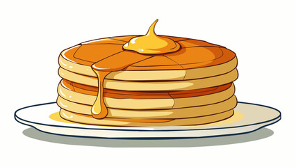 Wall Mural - A clear light syrup that cascades down the sides of a stack of pancakes leaving behind a faint but pleasant scent of caramelized sugar.  on white. Cartoon Vector.