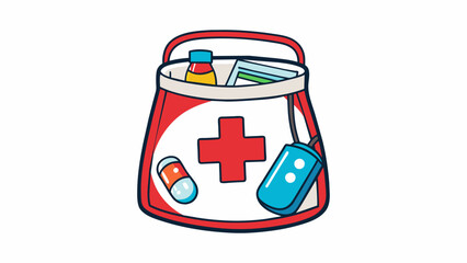 Poster - A clear plastic pouch with a top handle featuring a large red cross symbol and filled with emergency medication like pain relievers antiinflammatory. Cartoon Vector.