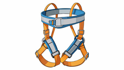 Fototapete - A climbing harness is a complex web of ss buckles and loops that wraps around a persons waist and legs. It is made of durable materials like nylon and. Cartoon Vector.