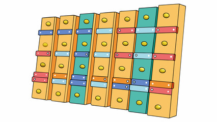 Poster - A compact outdoor wall constructed from thick wooden beams arranged in a vertical grid. Colorful plastic holds are attached to the beams creating a. Cartoon Vector.