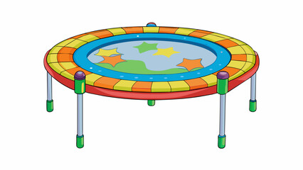 Poster - A compact foldable trampoline with a handlebar attached perfect for indoor use during cold and rainy days. Its adorned with bright patterns and colors. Cartoon Vector.