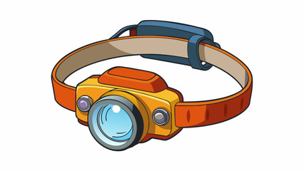 Poster - A compact headlamp flashlight designed for outdoor activities. The light is attached to a flexible s that can be worn around the head. The light unit. Cartoon Vector.