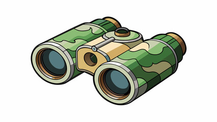 Aufkleber - A compact pair of binoculars with a camouflage print and a rubberized grip for comfortable handling. The lenses are coated with antiglare coating to. Cartoon Vector.