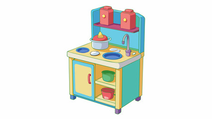 Poster - A compact play kitchen set ideal for small spaces featuring a foldable design with a table for prepping and cooking a sink and shelves for storage.. Cartoon Vector.
