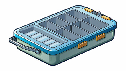 Poster - A compact tackle box made of lightweight metal with a sleek design and smooth edges. The lid slides open to reveal multiple layers of removable trays. Cartoon Vector.