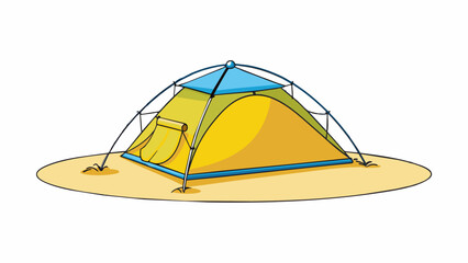 Poster - A compact tent on a sandy beach its sleek design easily fitting into a small backpack. With mesh screens for ventilation and a bright yellow rain fly. Cartoon Vector.