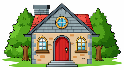 Poster - A cozy house with a stone exterior surrounded by a neatly trimmed green lawn and tall trees. The front door is a bright red with a shiny door and a. Cartoon Vector.