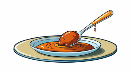 Sticker - A dark amber syrup that slowly drips from a s with a surprising lightness and airy quality as it settles into a small pool on the plate.  on white. Cartoon Vector.