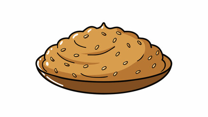 Aufkleber - A dense pale brown spread with a grainy consistency. It has a pronounced sesame aroma and a bold nutty taste.  on white background . Cartoon Vector.