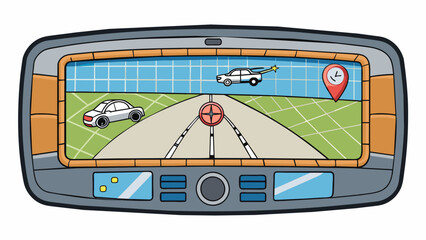 Fototapete - A device installed in a cars dashboard that uses satellites to calculate the fastest route to a chosen destination and gives spoken turnbyturn. Cartoon Vector.