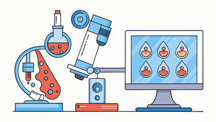 Poster - A digital microscope connected to a computer screen. The object in view is a drop of with individual cells clearly visible and distinguishable due to. Cartoon Vector.