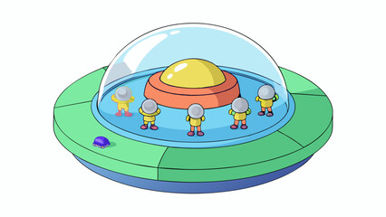 Aufkleber - A discshaped object with a transparent dome on top showing small humanoid figures inside.  on white background . Cartoon Vector.
