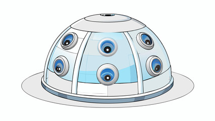 Aufkleber - A domeshaped camera with a thick clear casing installed in the corner of a room. It has multiple lenses and a swiveling base giving it a 360degree. Cartoon Vector.